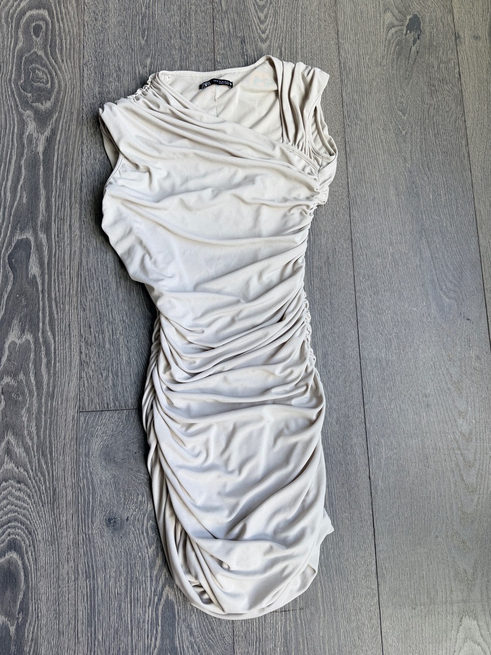 Zara Asymmetric Ruched Mini Dress in Creamy Tan Size XS